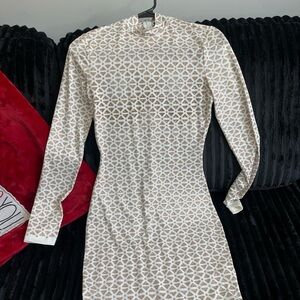 Fashion Nova Cream Long Sleeve Dress with Geometric Design